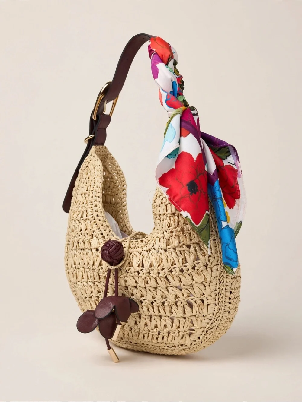 H&M Natural Woven Hobo with Multicolor Floral Scarf